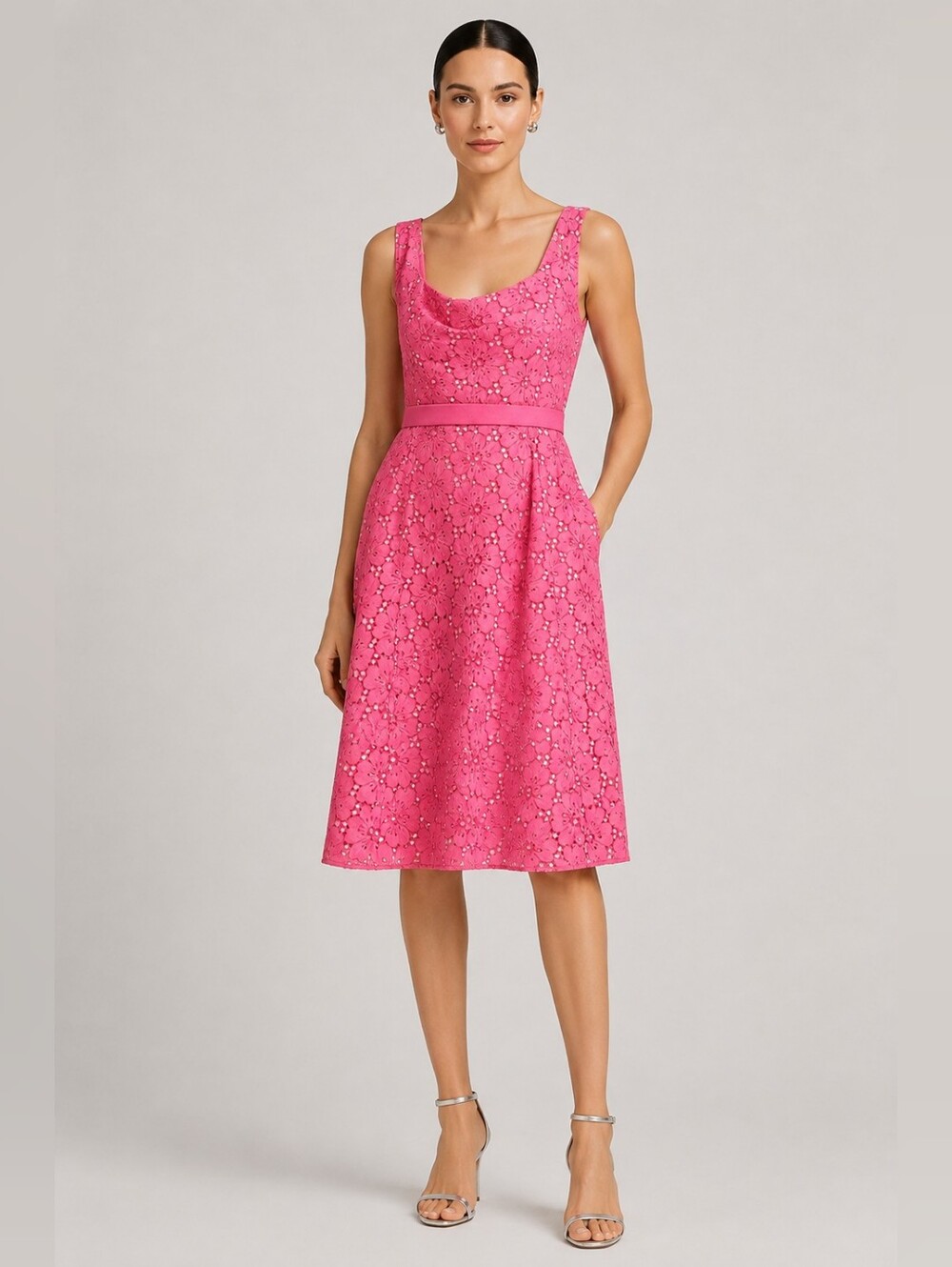 J Crew Pink Eyelet Midi Dress Scoop Neckline Statement Color
